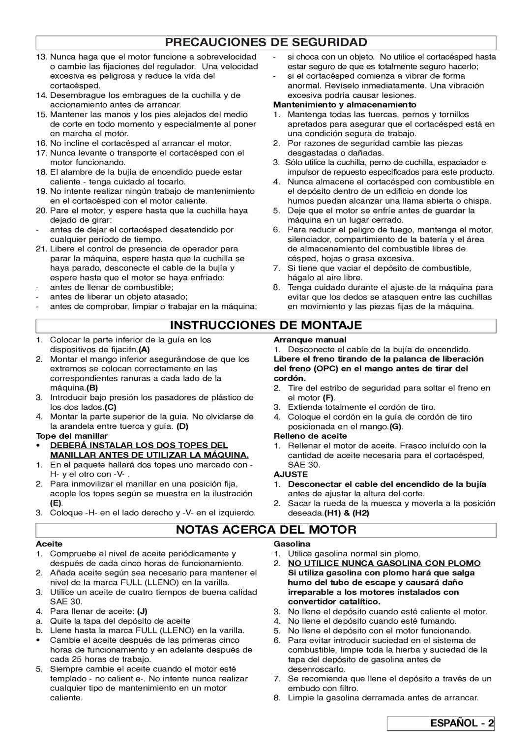 Husqvarna 5118761-06 manual Instrucciones DE Montaje, Notas Acerca DEL Motor, Ajuste 