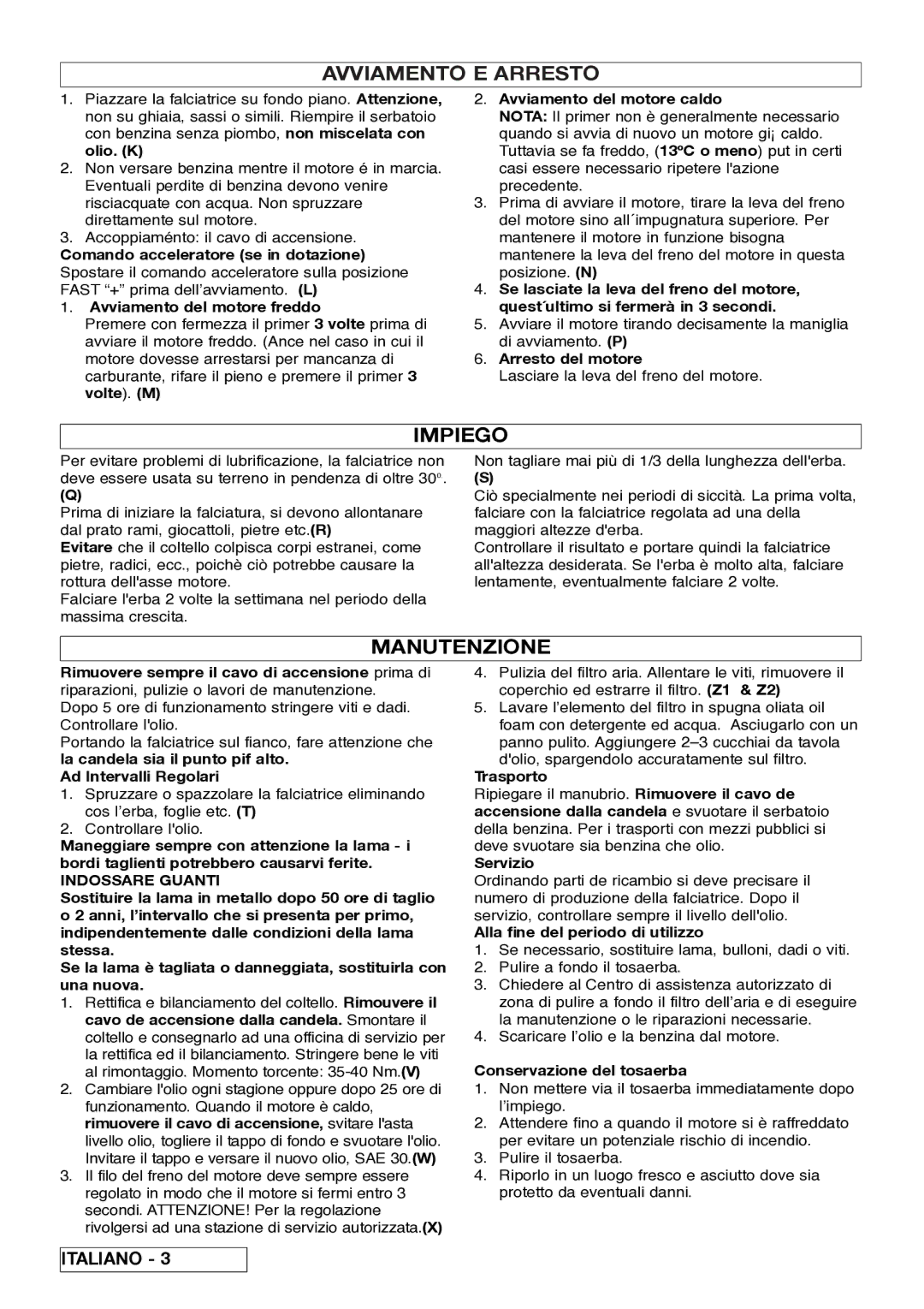 Husqvarna 5118761-06 manual Avviamento E Arresto, Impiego, Manutenzione, Indossare Guanti 