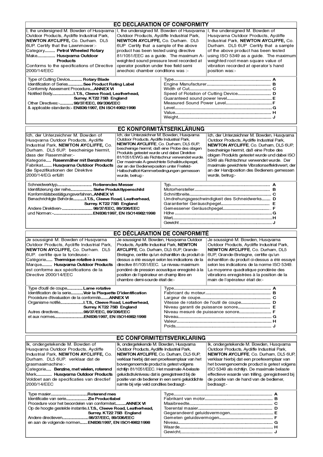 Husqvarna 5118761-06 manual EC Declaration of Conformity, EC Konformitätserklärung, EC Déclaration DE Conformité 