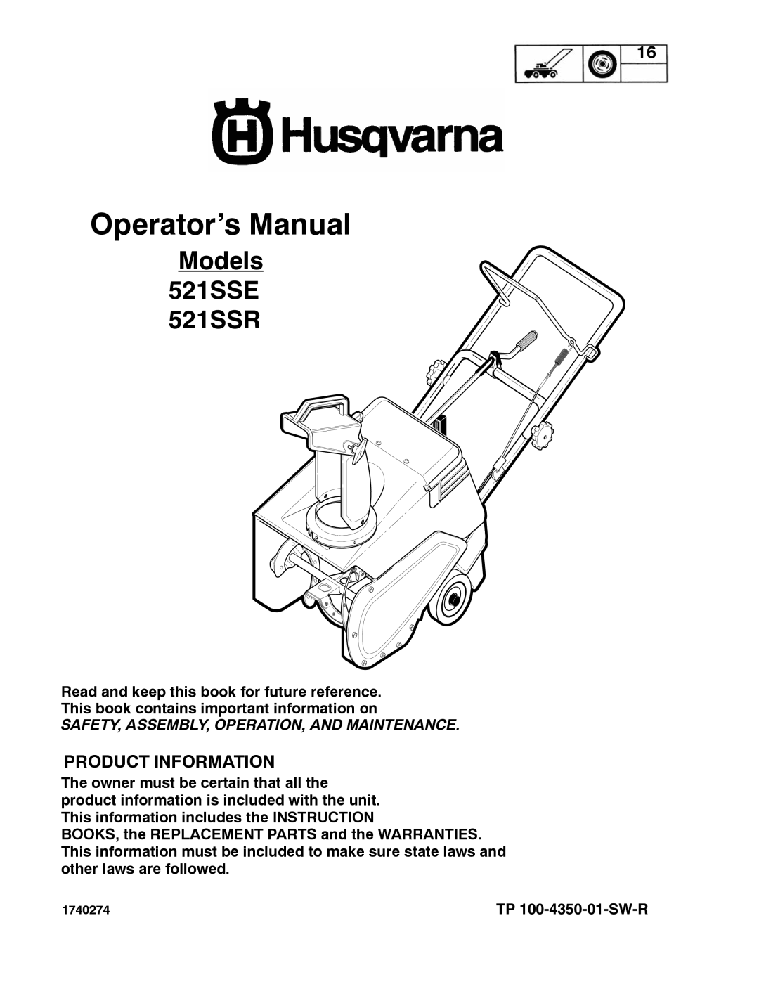 Husqvarna 521SSR, 521SSE manual Operator’s Manual, 1740274 