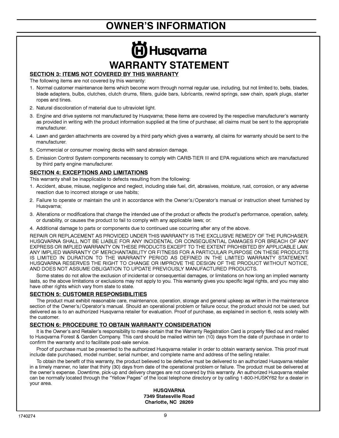 Husqvarna 521SSR, 521SSE manual Items not Covered by this Warranty, Exceptions and Limitations, Customer Responsibilities 