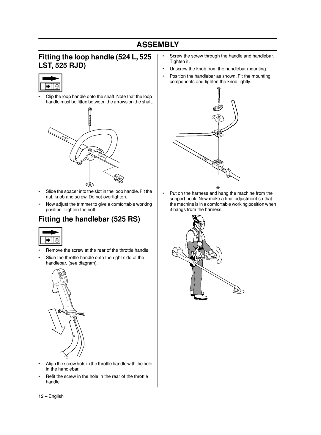 Husqvarna 966781601 manual Assembly, Fitting the loop handle 524 L, 525 LST, 525 RJD, Fitting the handlebar 525 RS 