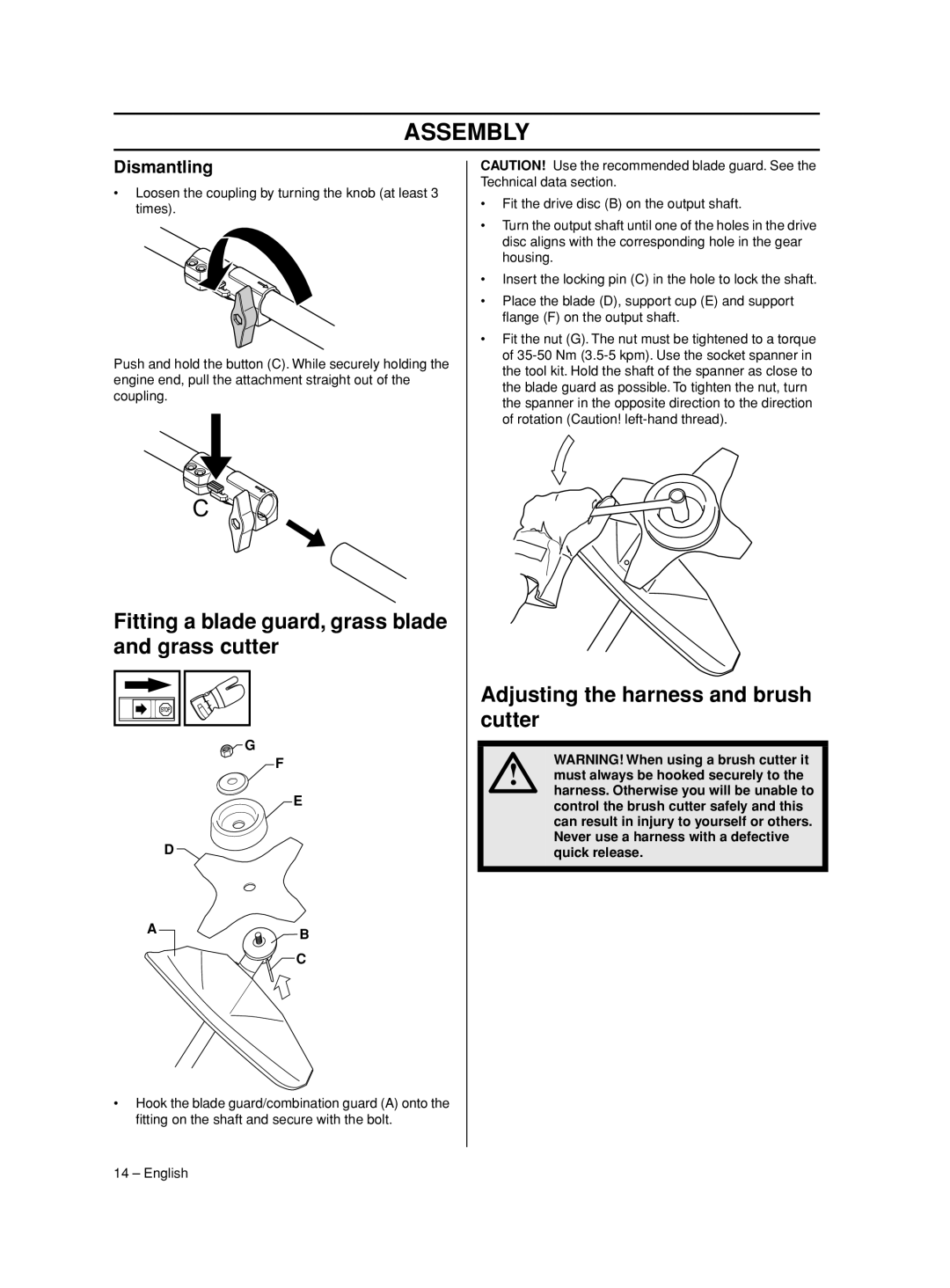 Husqvarna 525 RJD Fitting a blade guard, grass blade and grass cutter, Adjusting the harness and brush cutter, Dismantling 