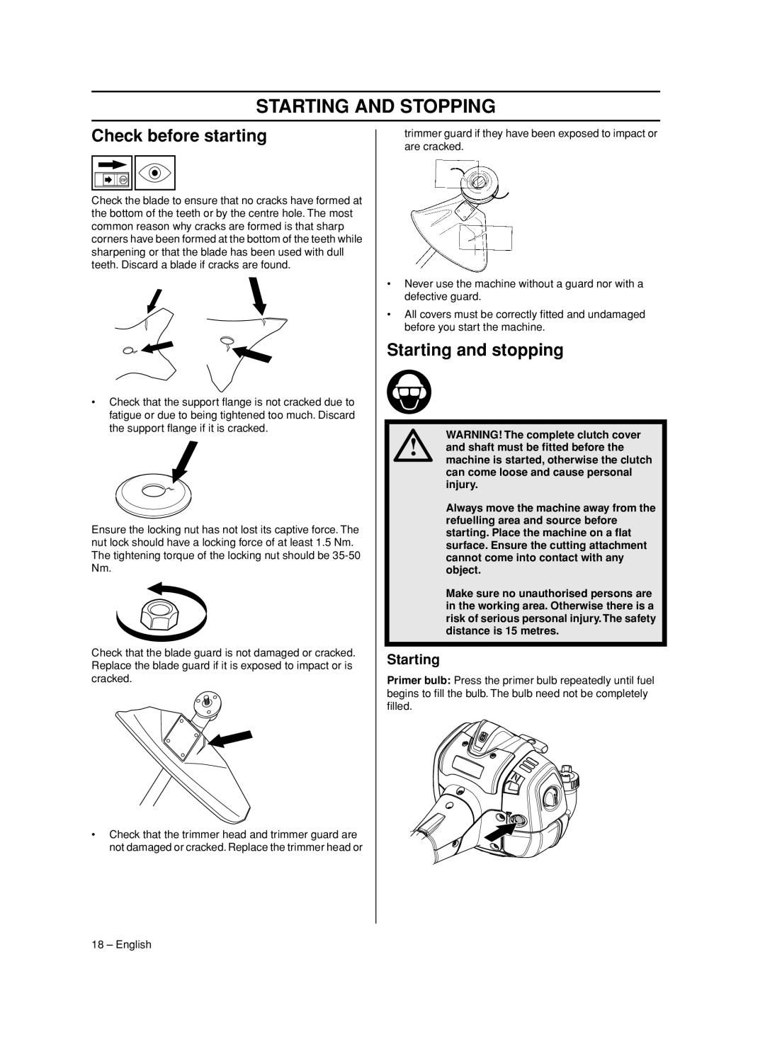 Husqvarna 525 RS, 524 L, 525 LST, 966781601, 525 RJD manual Starting and Stopping, Check before starting, Starting and stopping 