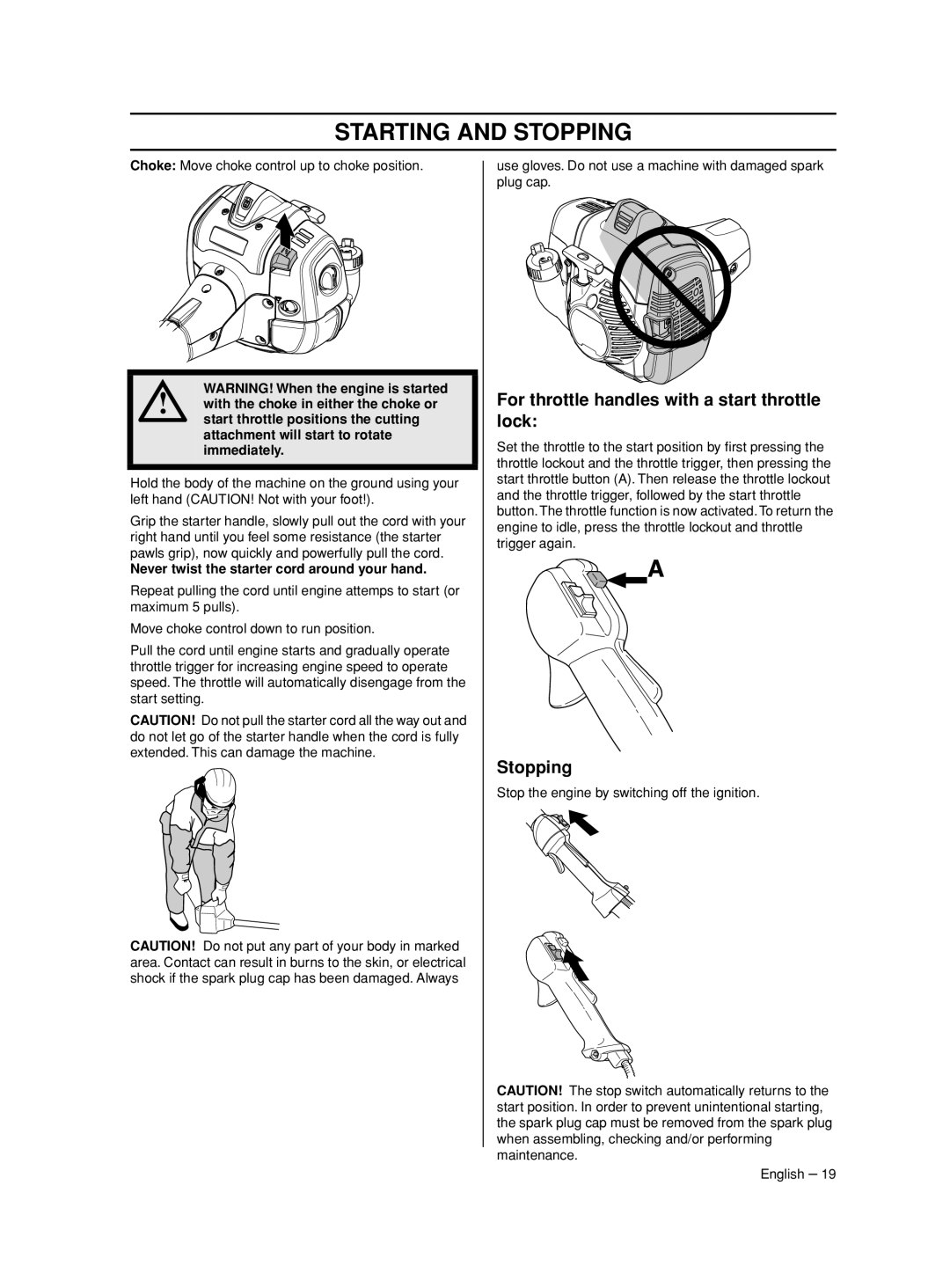 Husqvarna 525 RJD, 524 L, 525 LST, 966781601, 525 RS manual For throttle handles with a start throttle lock, Stopping 