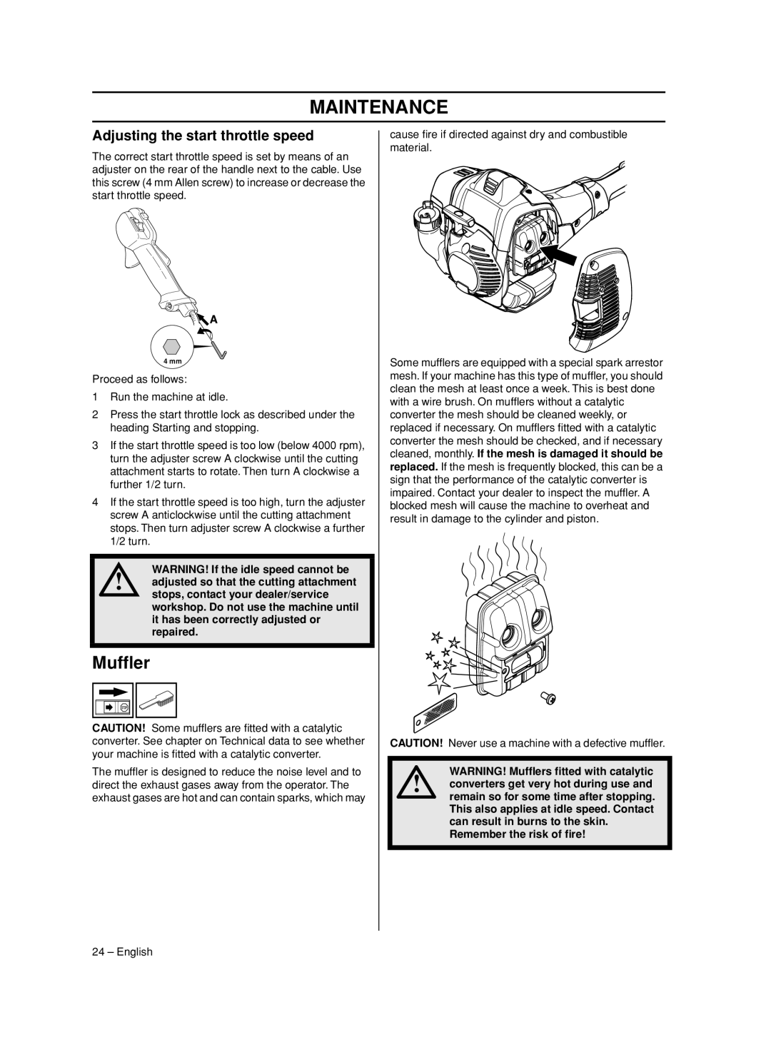 Husqvarna 525 RJD, 524 L, 525 LST, 966781601, 525 RS manual Mufﬂer, Adjusting the start throttle speed 