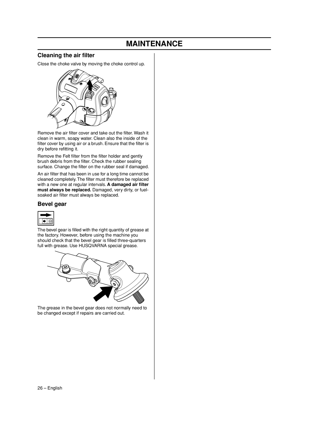 Husqvarna 525 LST, 524 L, 966781601, 525 RS, 525 RJD manual Cleaning the air ﬁlter, Bevel gear 