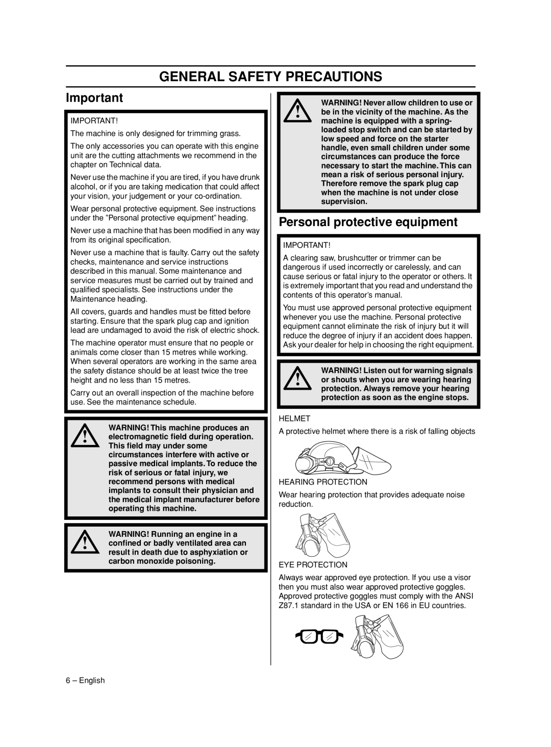 Husqvarna 525 LST, 524 L, 966781601, 525 RS, 525 RJD manual General Safety Precautions, Personal protective equipment 