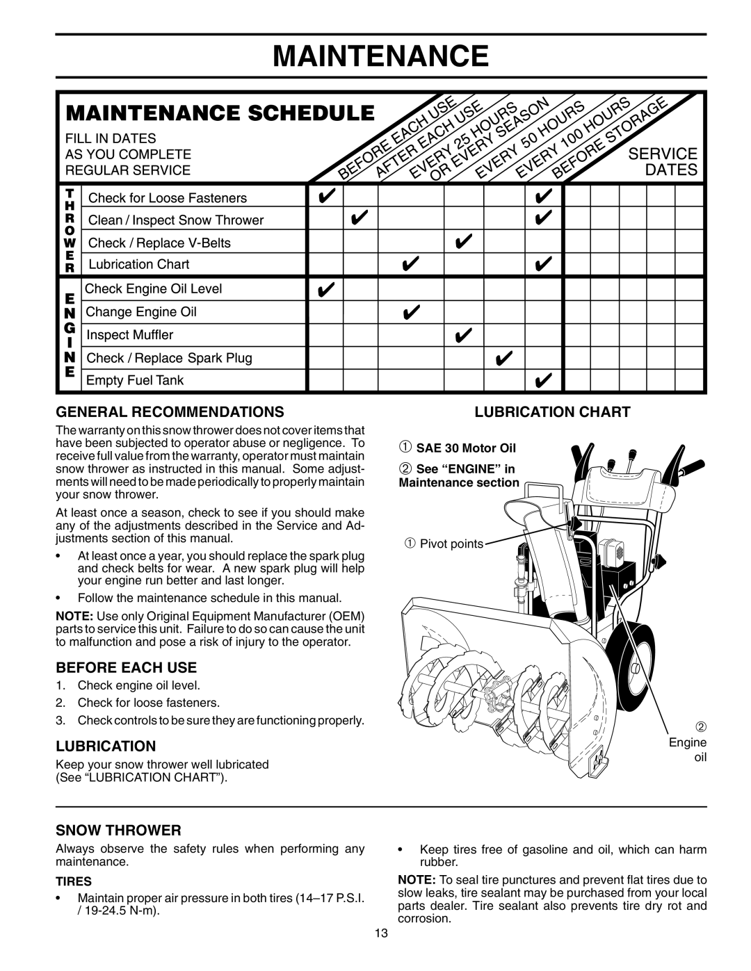 Husqvarna 524S Maintenance, General Recommendations, Before Each Use, Snow Thrower, Lubrication Chart, Tires 