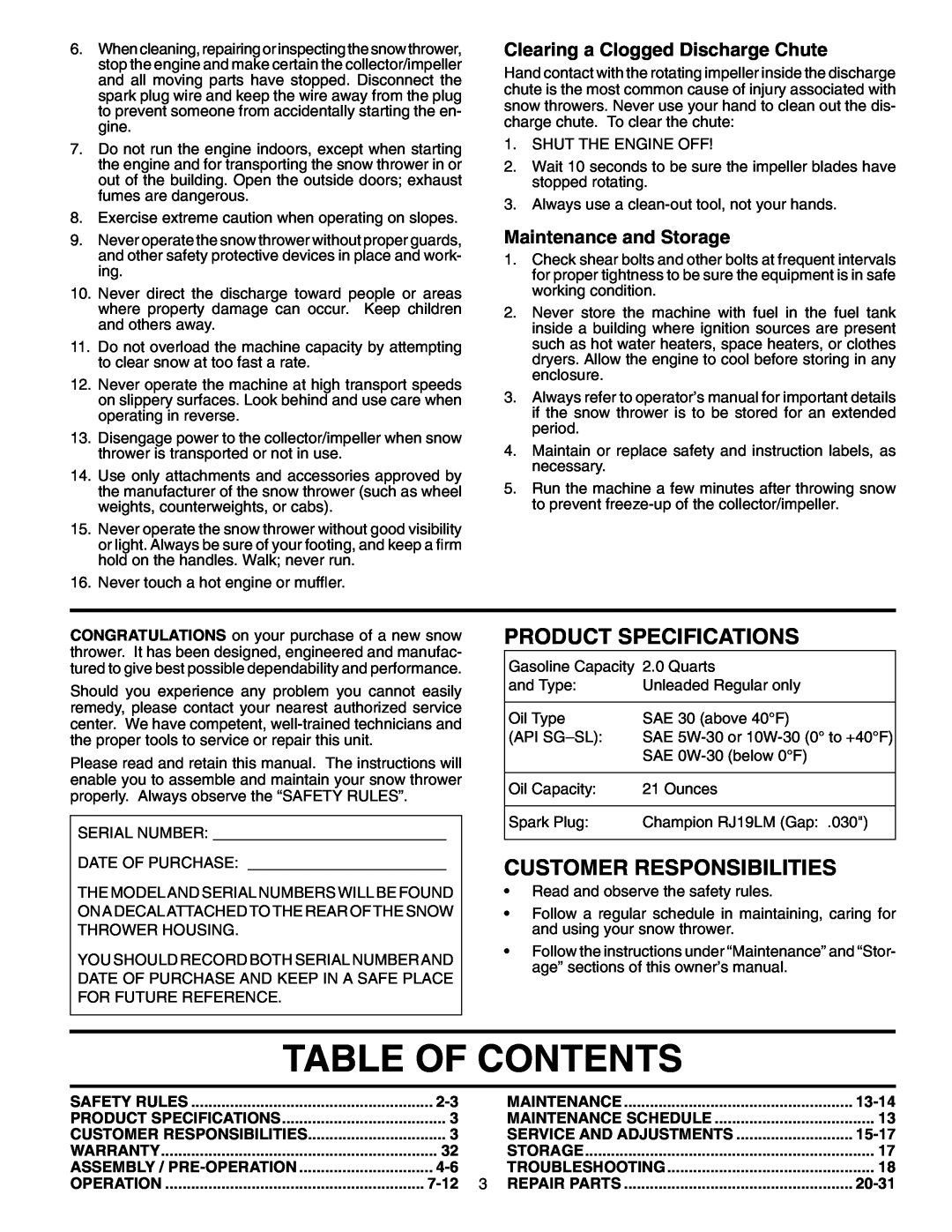 Husqvarna 524S Table Of Contents, Product Specifications, Customer Responsibilities, Clearing a Clogged Discharge Chute 