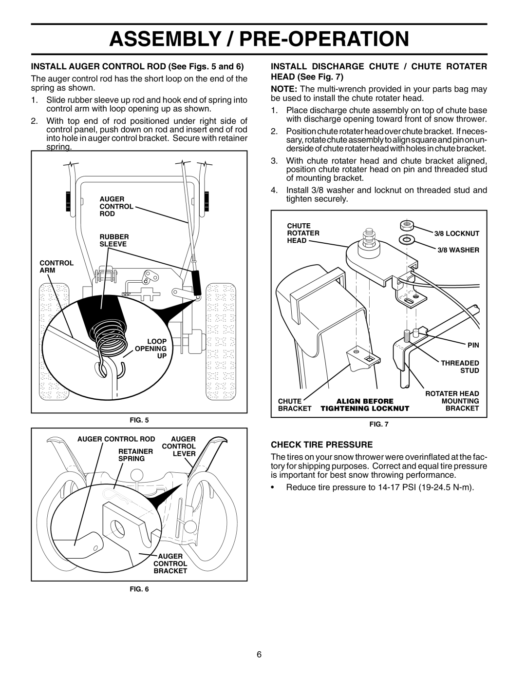 Husqvarna 524S owner manual Assembly / Pre-Operation, INSTALL AUGER CONTROL ROD See Figs. 5 and, Check Tire Pressure 