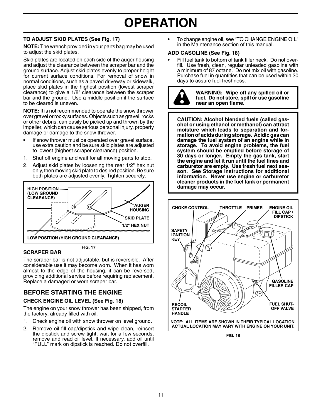 Husqvarna 524S owner manual Before Starting the Engine, To Adjust Skid Plates See Fig, ADD Gasoline See Fig, Scraper BAR 