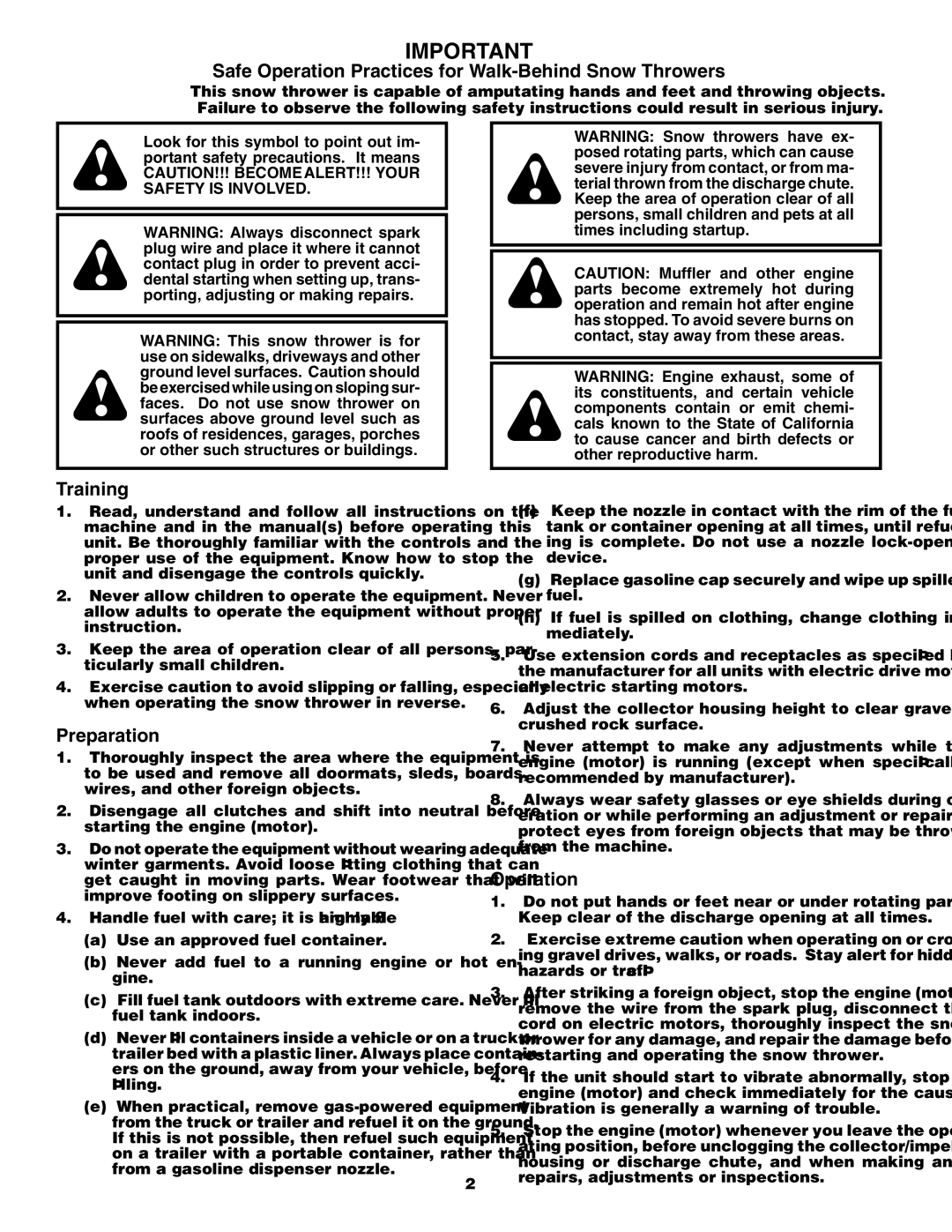 Husqvarna 524S owner manual Safe Operation Practices for Walk-Behind Snow Throwers 