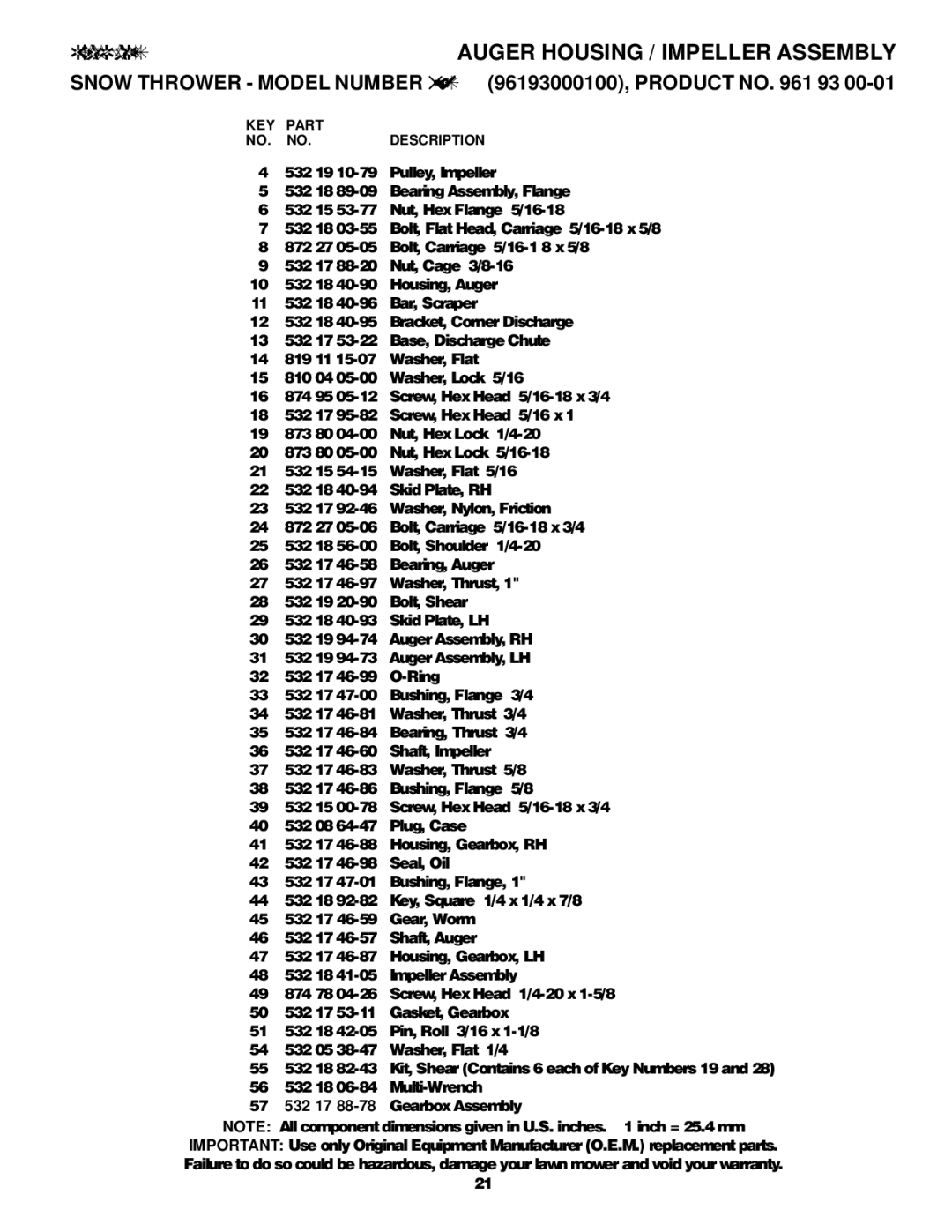 Husqvarna 524S owner manual Repair Parts Auger Housing / Impeller Assembly 