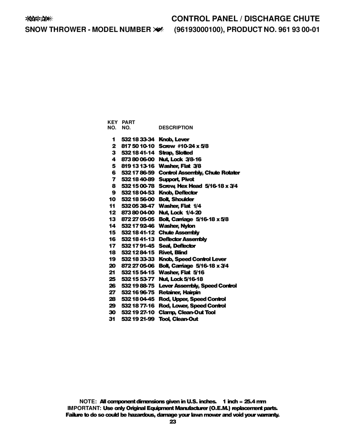 Husqvarna 524S owner manual KEY Part Description 