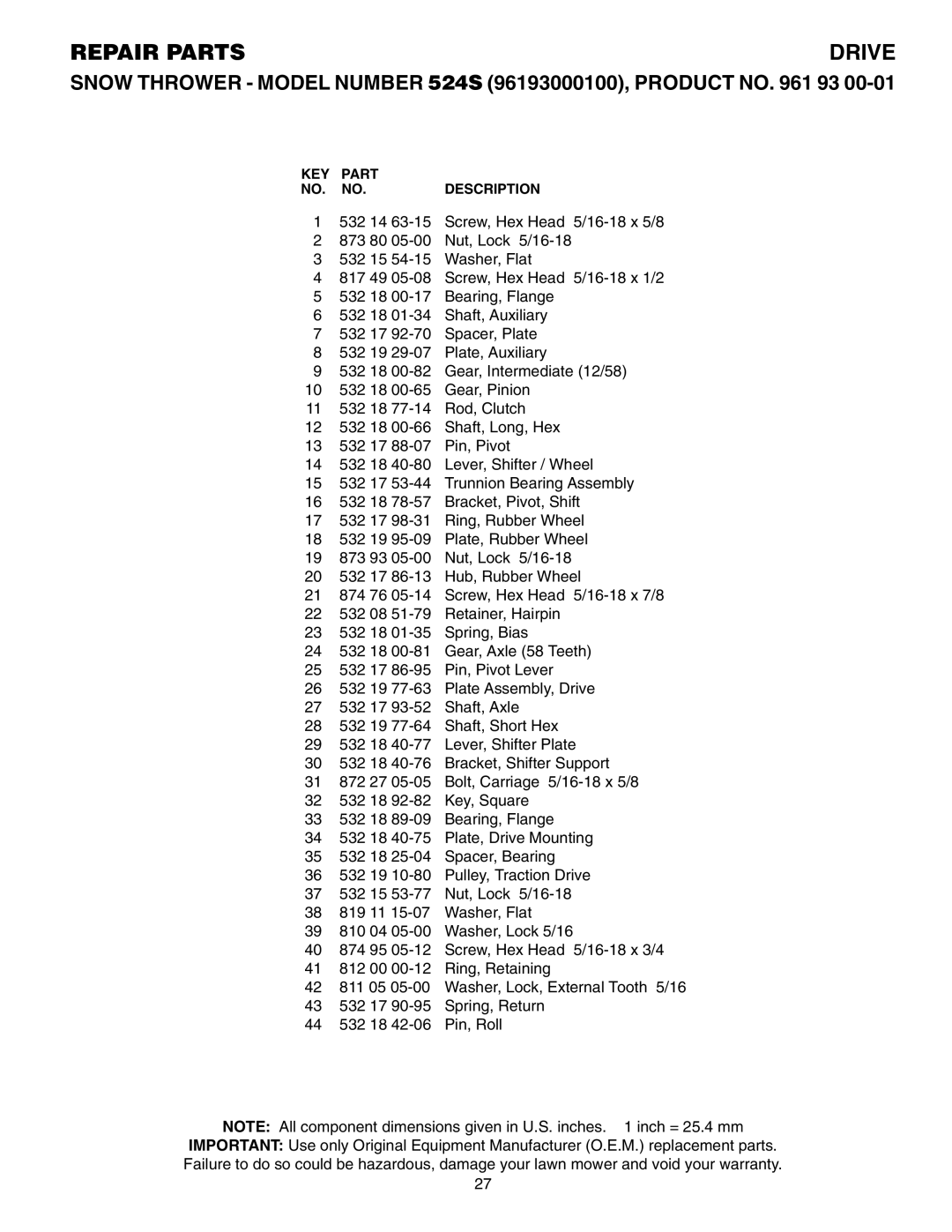 Husqvarna 524S owner manual Repair Parts 