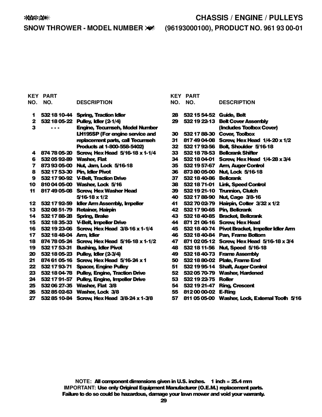 Husqvarna 524S owner manual KEY Part Description 