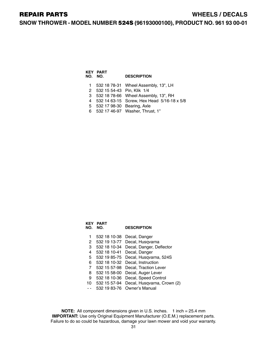 Husqvarna 524S owner manual KEY Part Description 