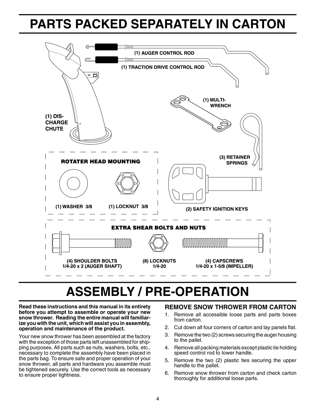 Husqvarna 524S owner manual Parts Packed Separately in Carton Assembly / PRE-OPERATION, Remove Snow Thrower from Carton 