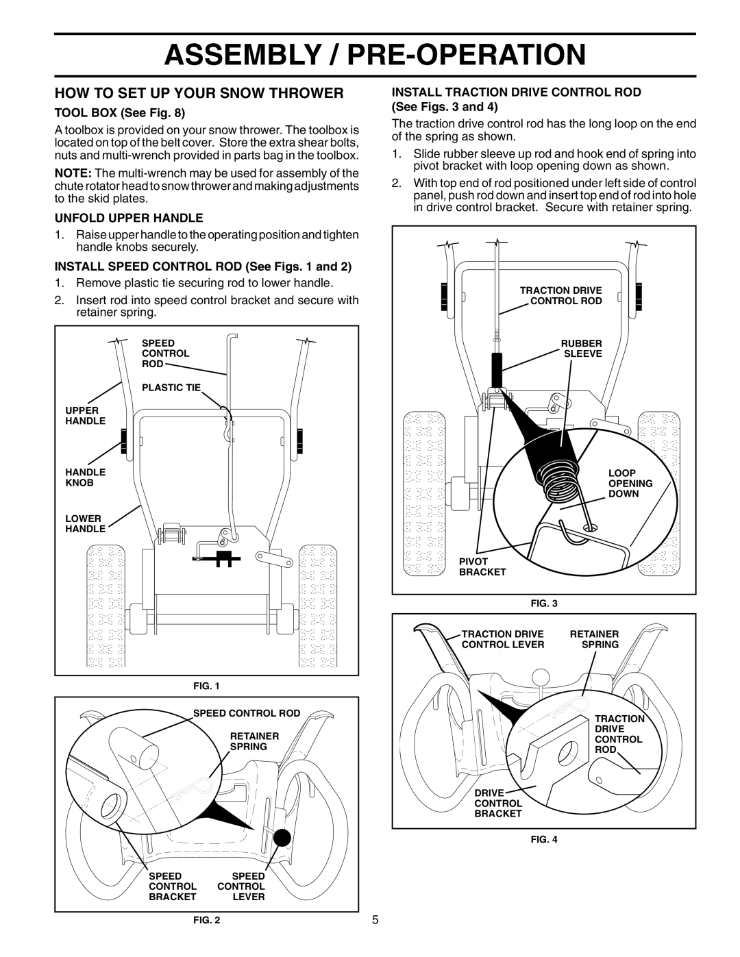 Husqvarna 524S HOW to SET UP Your Snow Thrower, Tool BOX See Fig, Unfold Upper Handle, Install Speed Control ROD See Figs 