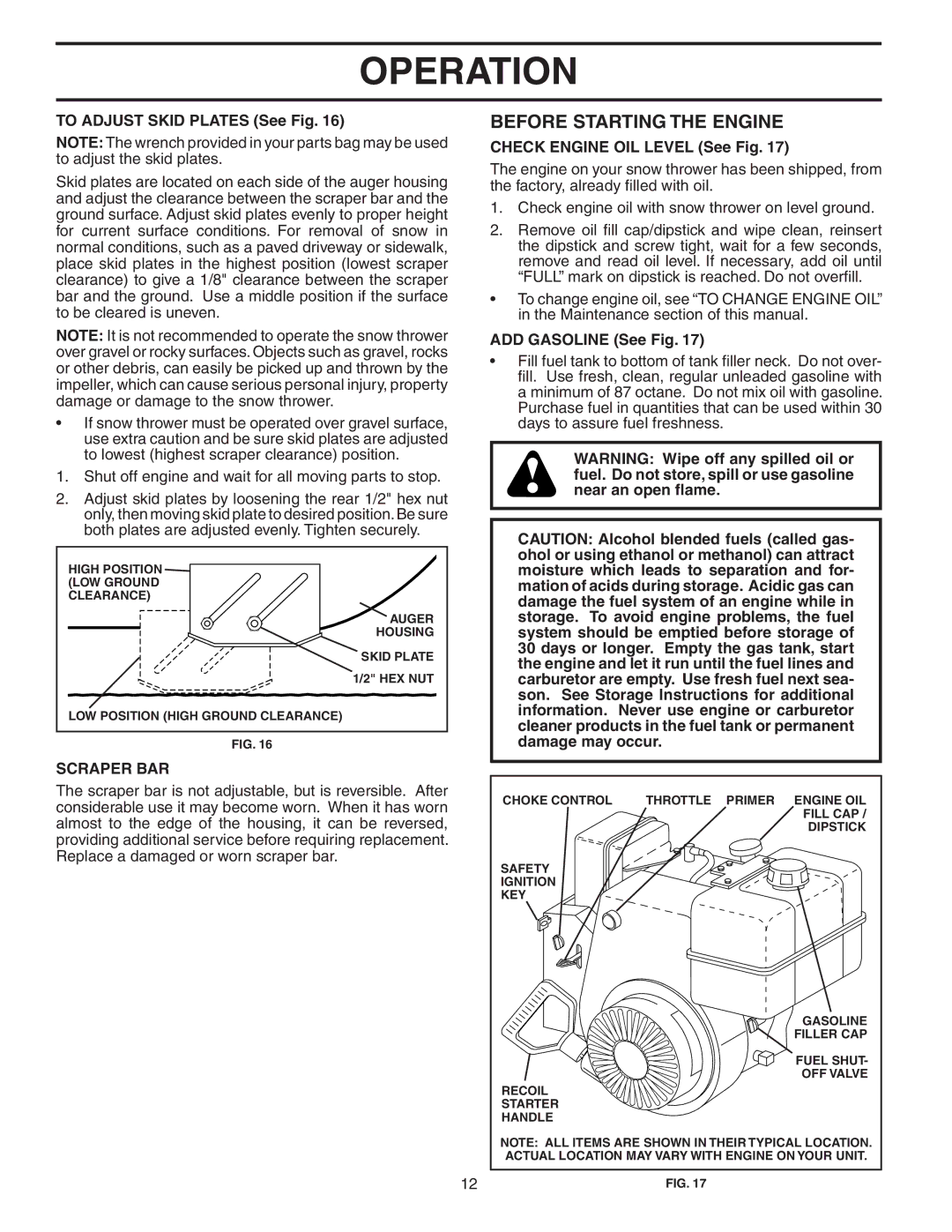 Husqvarna 524ST Before Starting the Engine, To Adjust Skid Plates See Fig, Scraper BAR, Check Engine OIL Level See Fig 