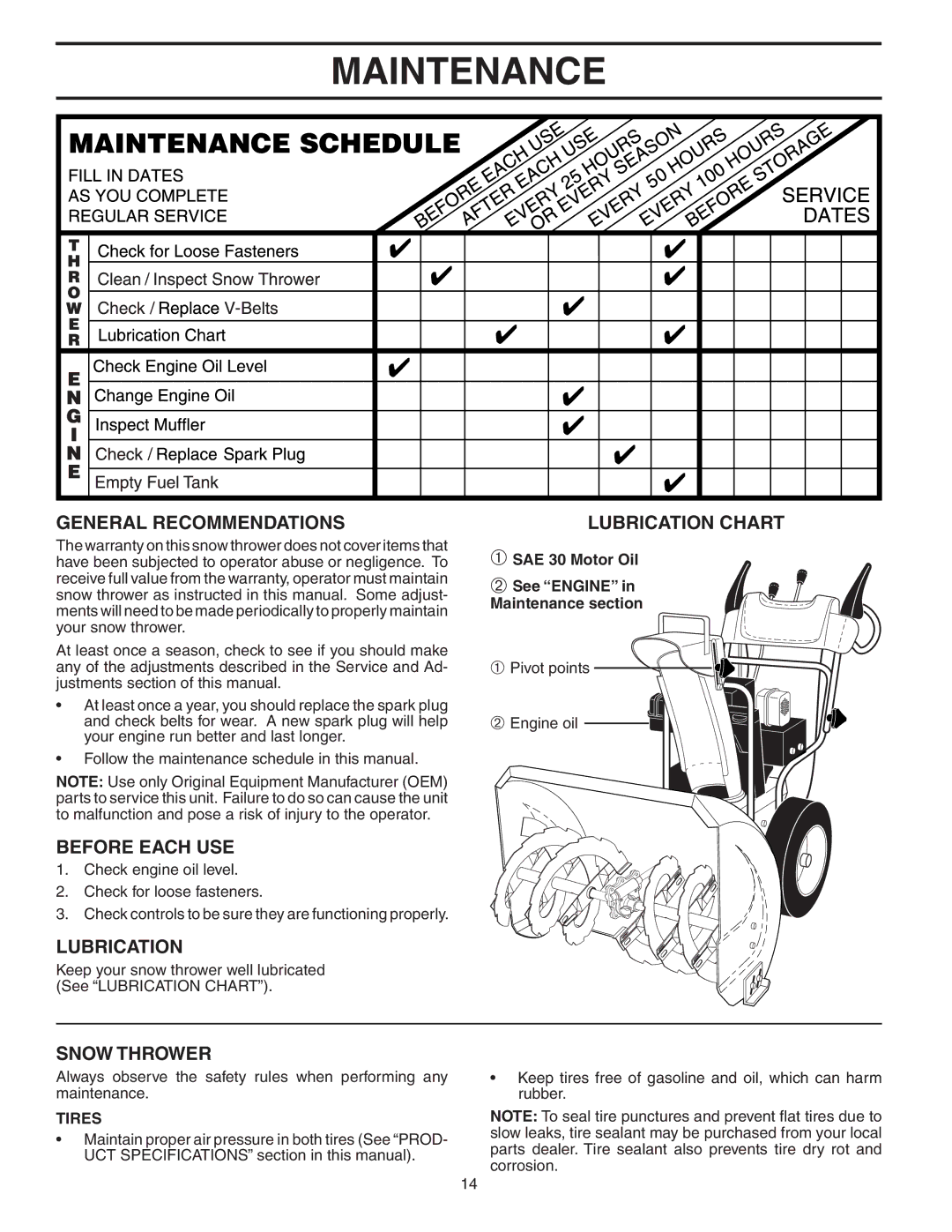 Husqvarna 524ST owner manual Maintenance, General Recommendations, Before Each USE, Lubrication, Snow Thrower 