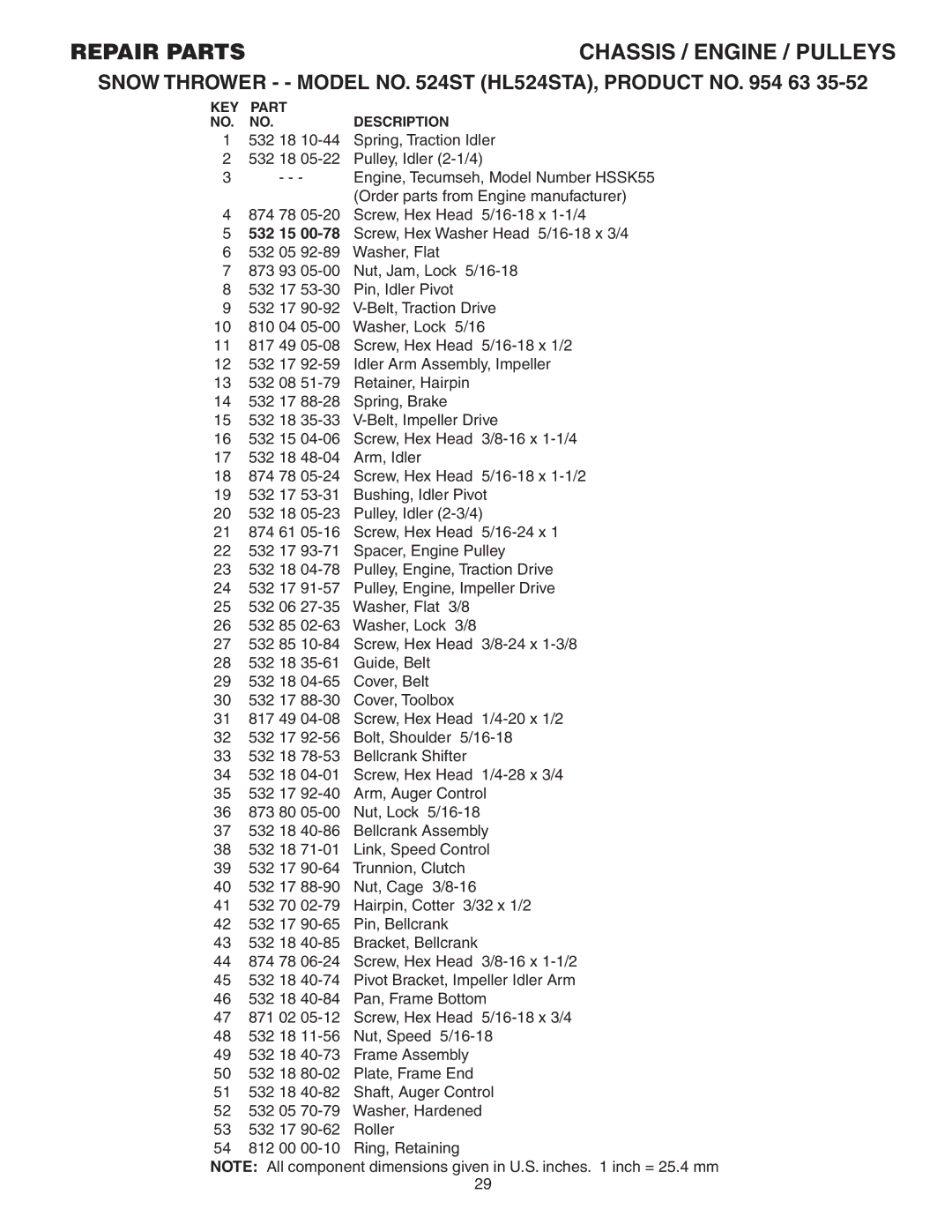 Husqvarna 524ST owner manual Screw, Hex Washer Head 5/16-18 x 3/4 