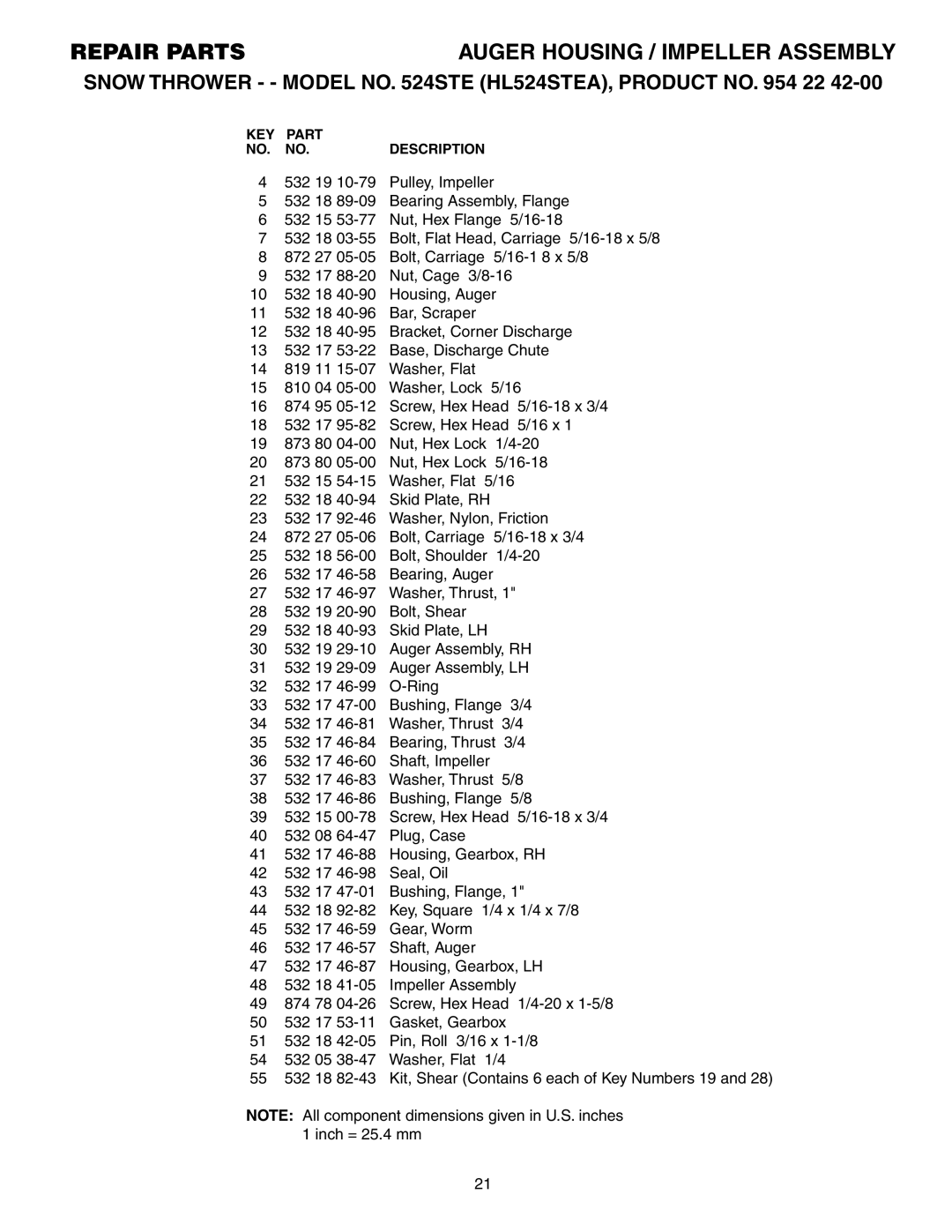 Husqvarna 524STE owner manual KEY Part Description 