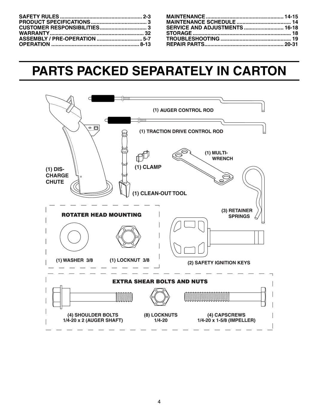 Husqvarna 524STE owner manual Parts Packed Separately in Carton, 14-15, Service and Adjustments, 16-18, 20-31 