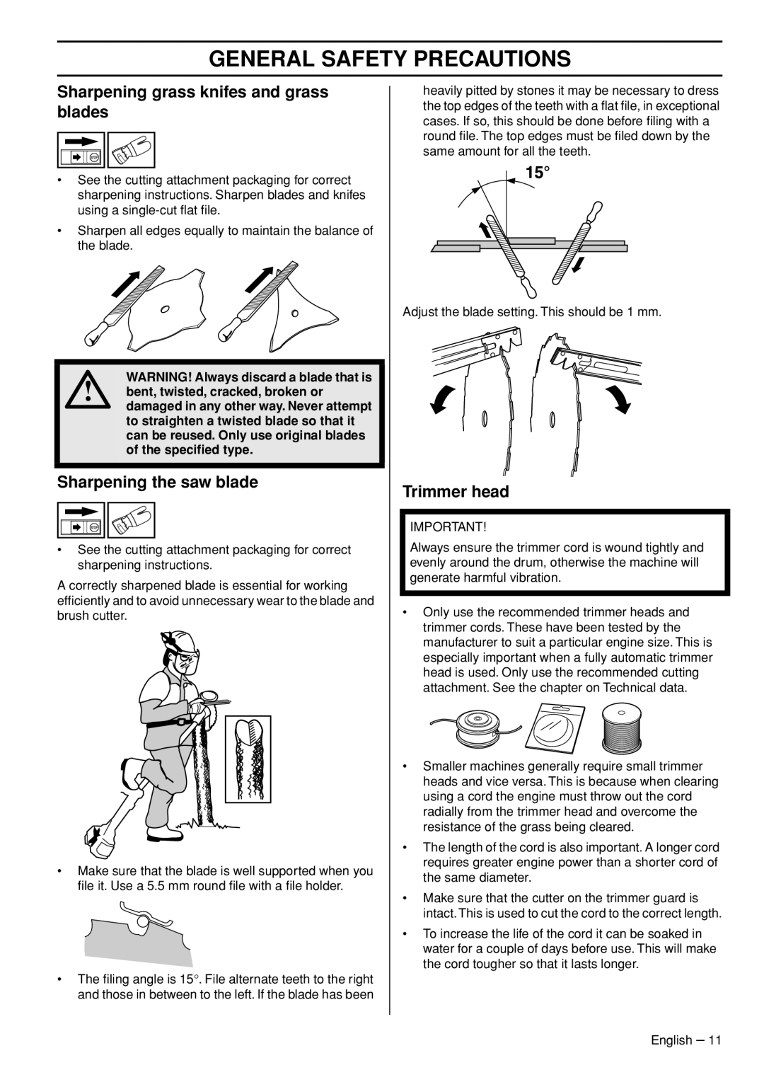 Husqvarna 525RXT, 525RK manual Sharpening grass knifes and grass blades, Sharpening the saw blade, Trimmer head 
