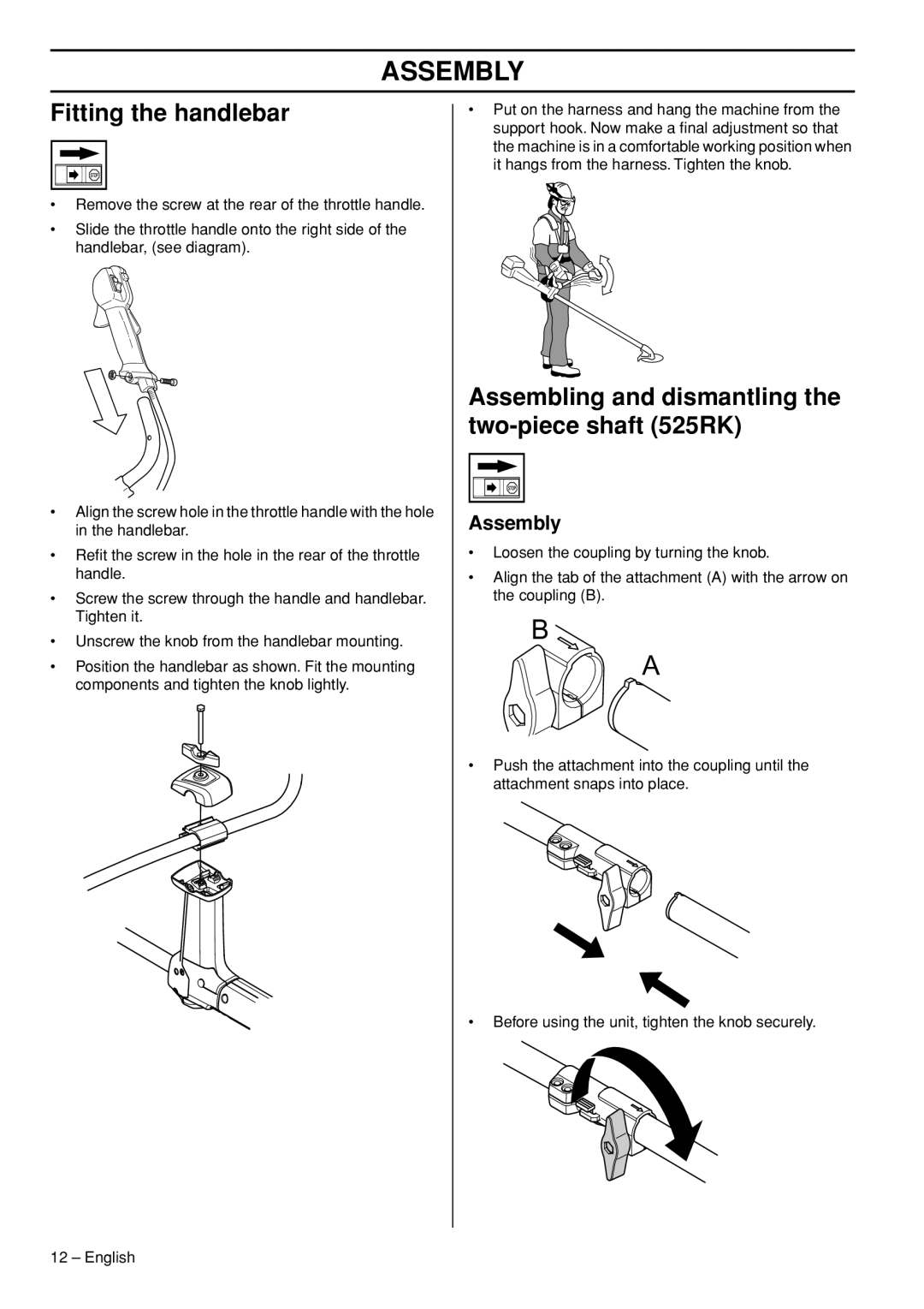 Husqvarna 525RXT manual Assembly, Fitting the handlebar, Assembling and dismantling the two-piece shaft 525RK 