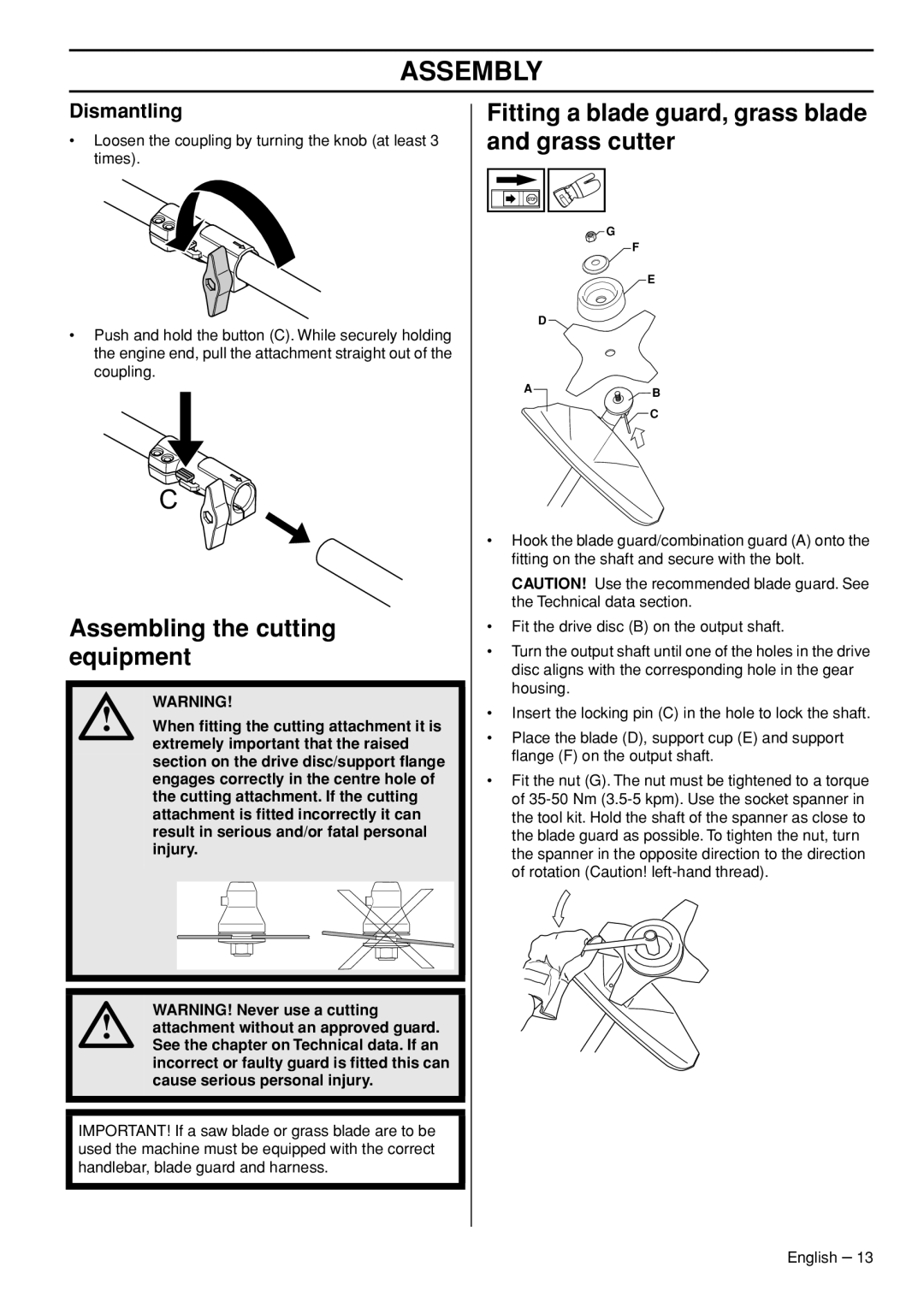 Husqvarna 525RX, 525RK Assembling the cutting equipment, Fitting a blade guard, grass blade and grass cutter, Dismantling 