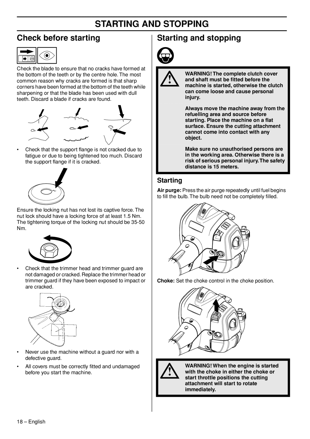 Husqvarna 525RK, 525RXT manual Starting and Stopping, Check before starting, Starting and stopping 