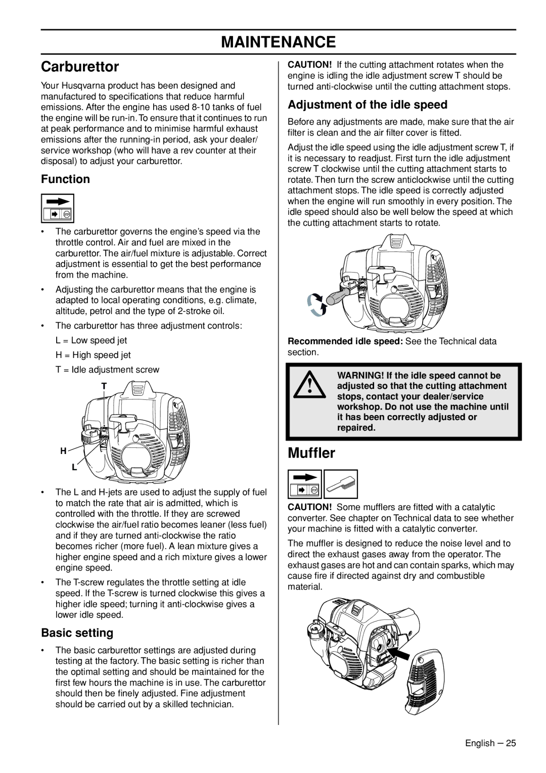 Husqvarna 525RK, 525RXT manual Maintenance, Carburettor, Mufﬂer 