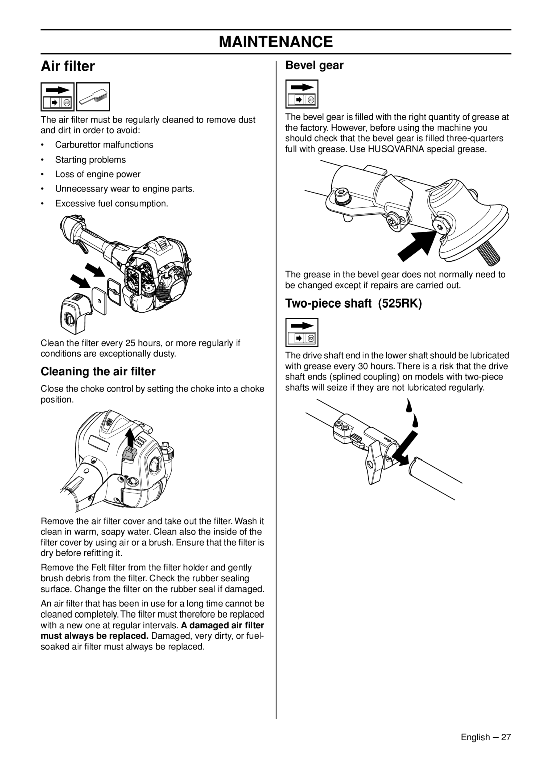 Husqvarna 525RXT manual Air ﬁlter, Cleaning the air ﬁlter, Bevel gear, Two-piece shaft 525RK 