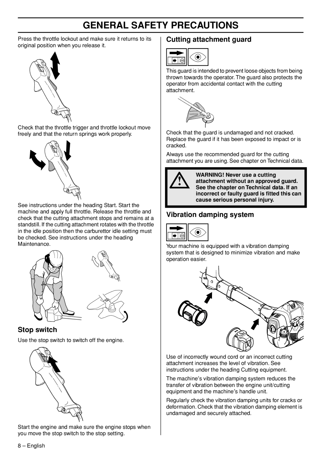 Husqvarna 525RXT, 525RK manual Stop switch, Cutting attachment guard, Vibration damping system 