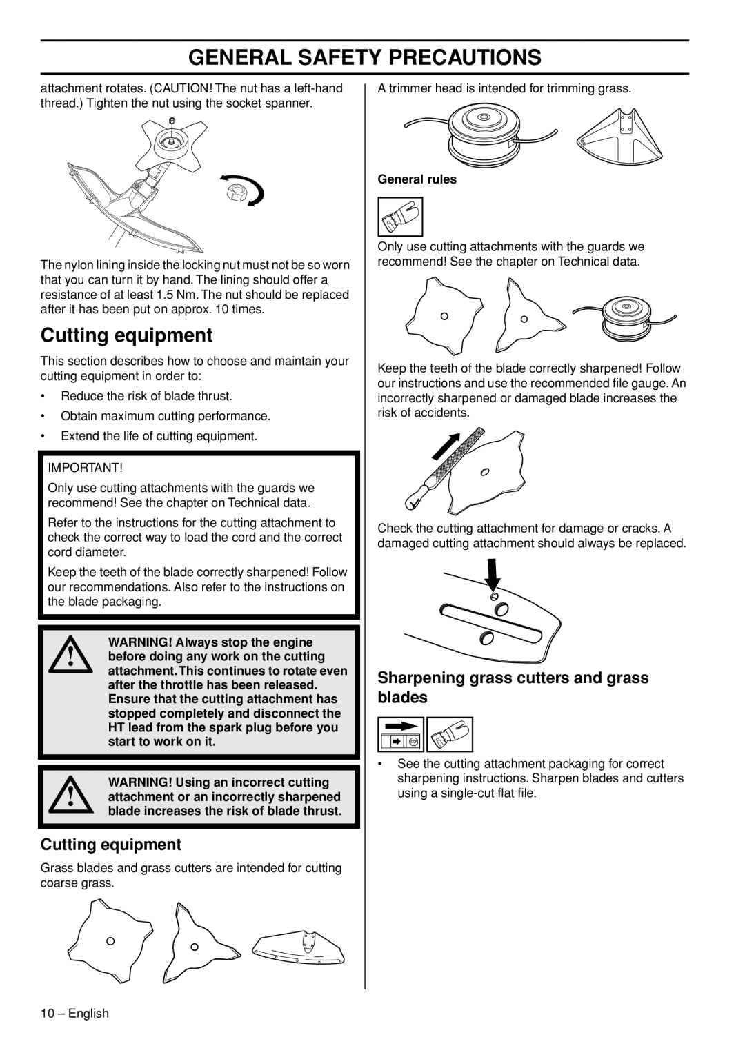 Husqvarna 53 5RJ manual Cutting equipment, Sharpening grass cutters and grass blades 