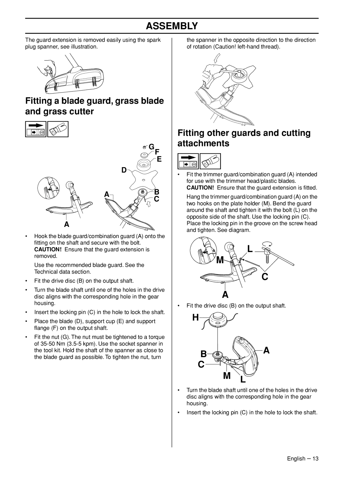 Husqvarna 53 5RJ manual Fitting a blade guard, grass blade and grass cutter, Fitting other guards and cutting attachments 