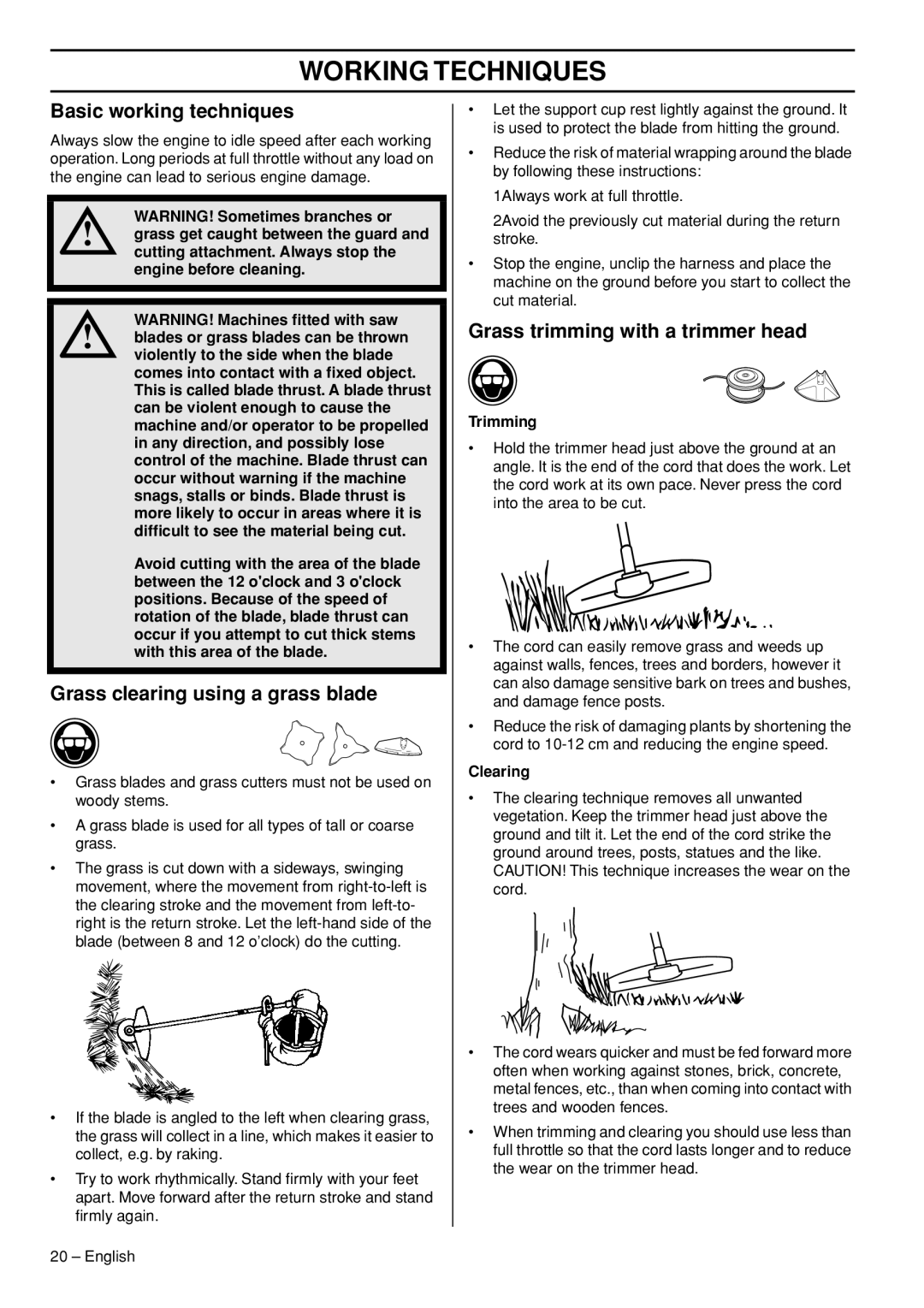 Husqvarna 53 5RJ manual Basic working techniques, Grass clearing using a grass blade, Grass trimming with a trimmer head 