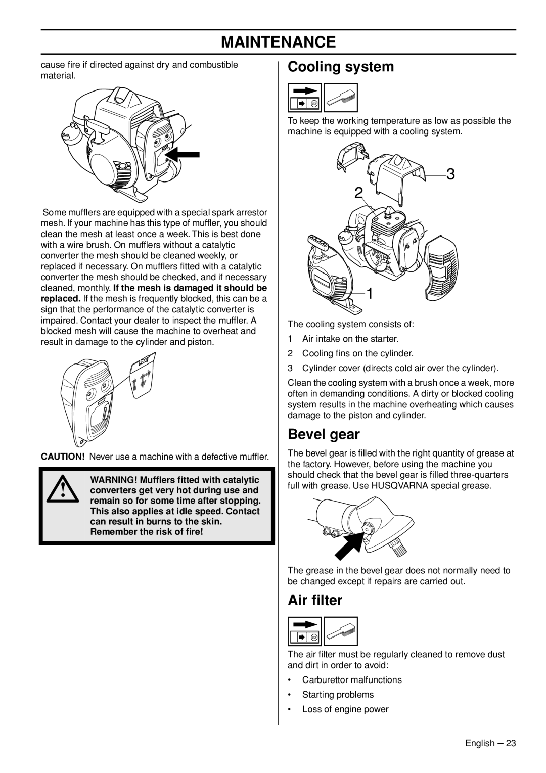 Husqvarna 53 5RJ manual Cooling system, Bevel gear, Air ﬁlter 