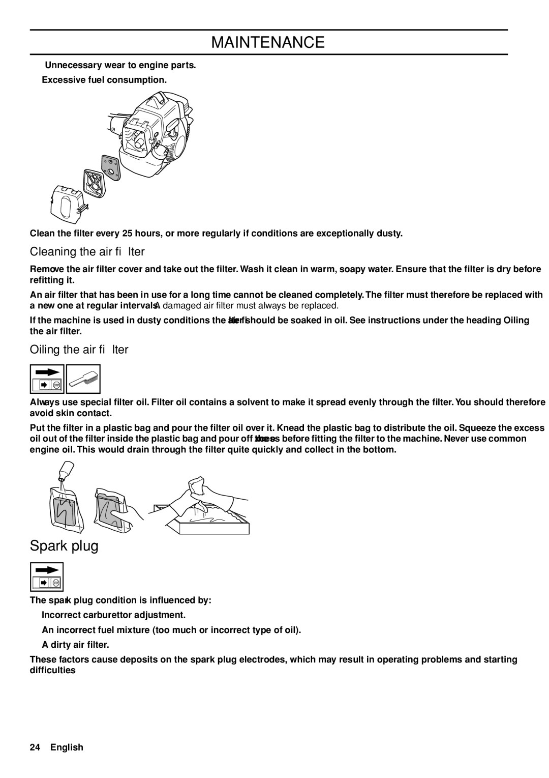 Husqvarna 53 5RJ manual Spark plug, Cleaning the air ﬁlter, Oiling the air ﬁlter 