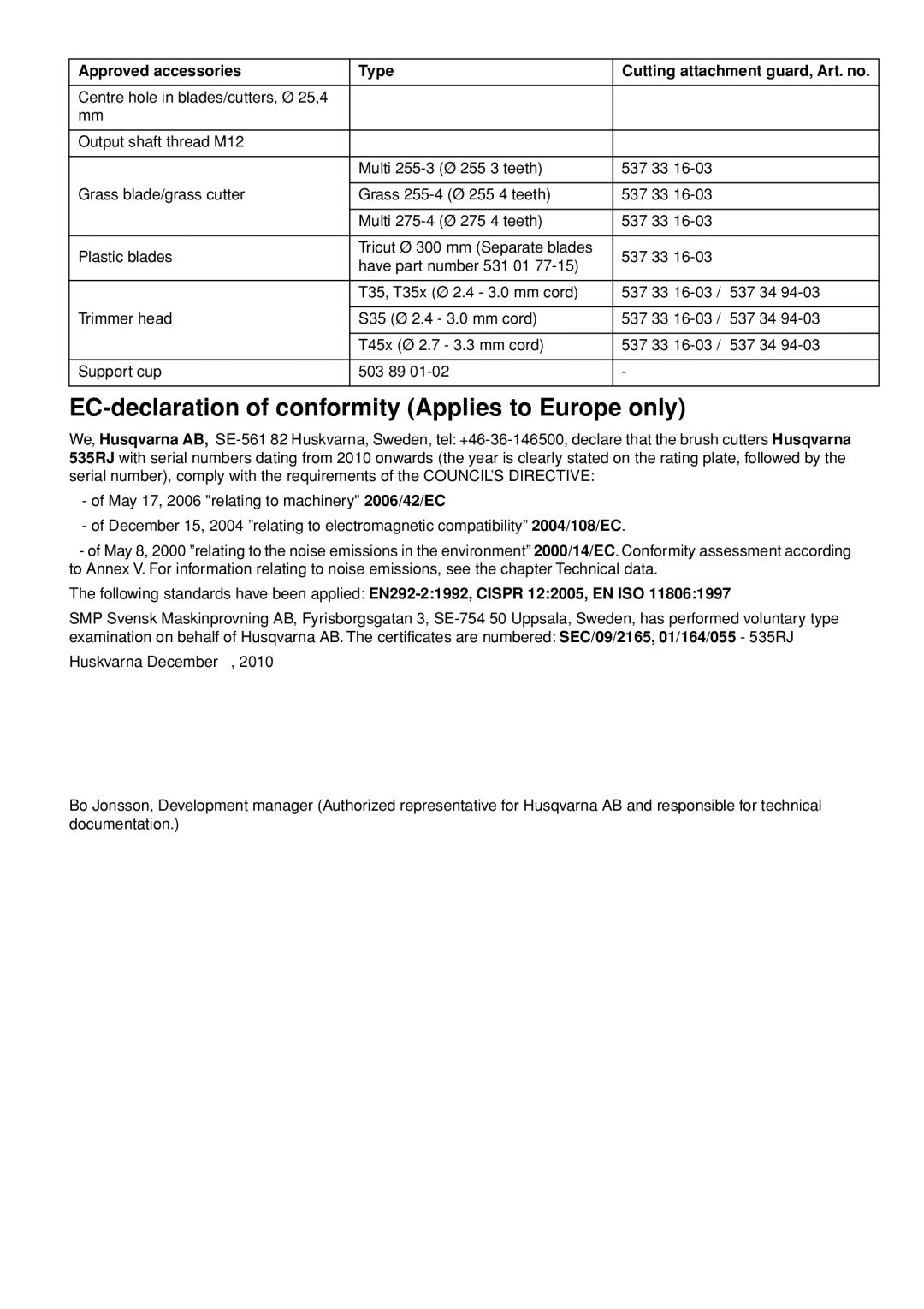 Husqvarna 53 5RJ manual EC-declaration of conformity Applies to Europe only 