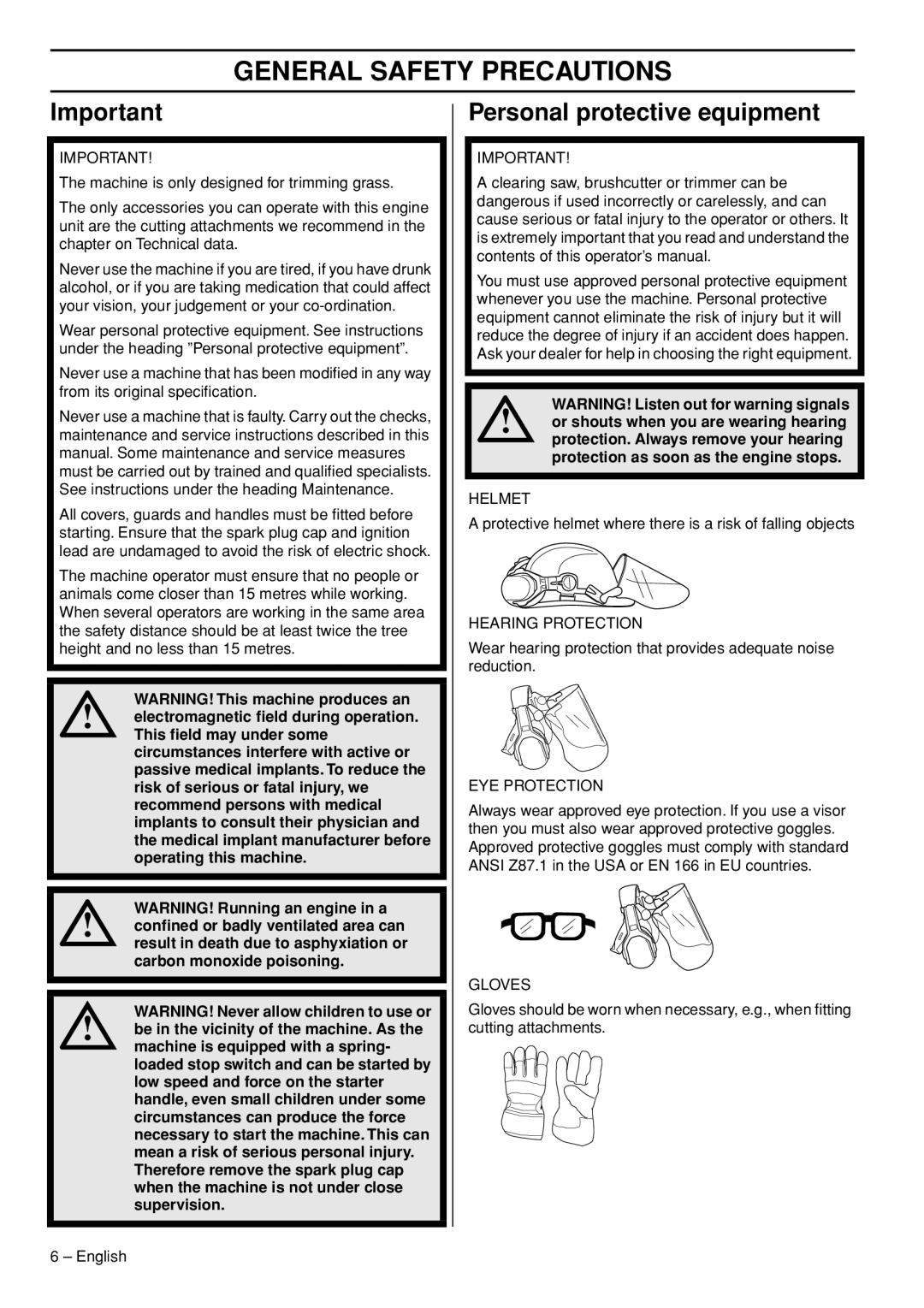 Husqvarna 53 5RJ manual General Safety Precautions, Personal protective equipment 