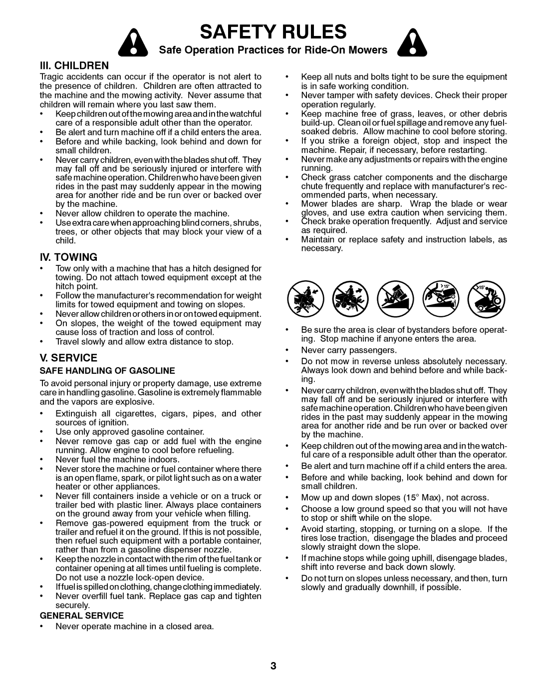 Husqvarna 07002, 532 44 02-80 owner manual III. Children, IV. Towing, Safe Handling of Gasoline, General Service 