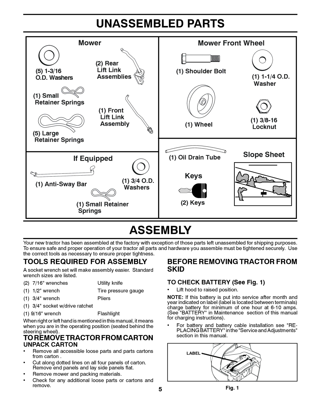 Husqvarna 07002, 532 44 02-80 Unassembled Parts, Tools Required for Assembly, Skid, Toremovetractorfromcarton 