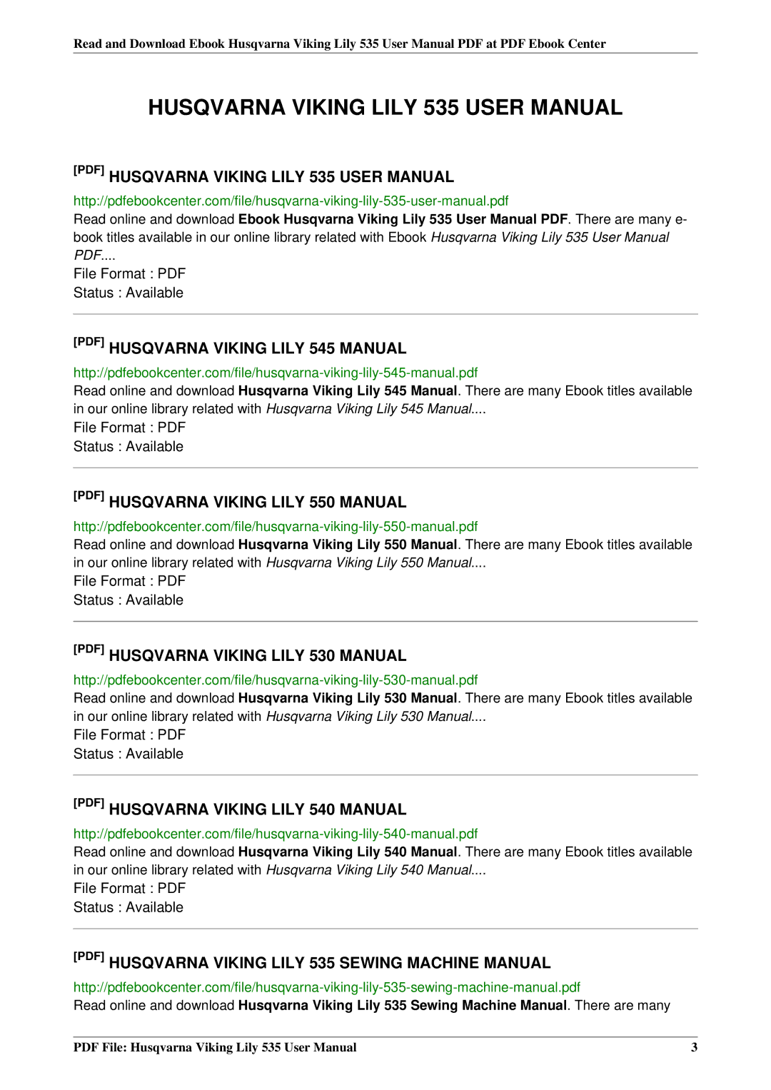 Husqvarna 535 user manual Status Available 