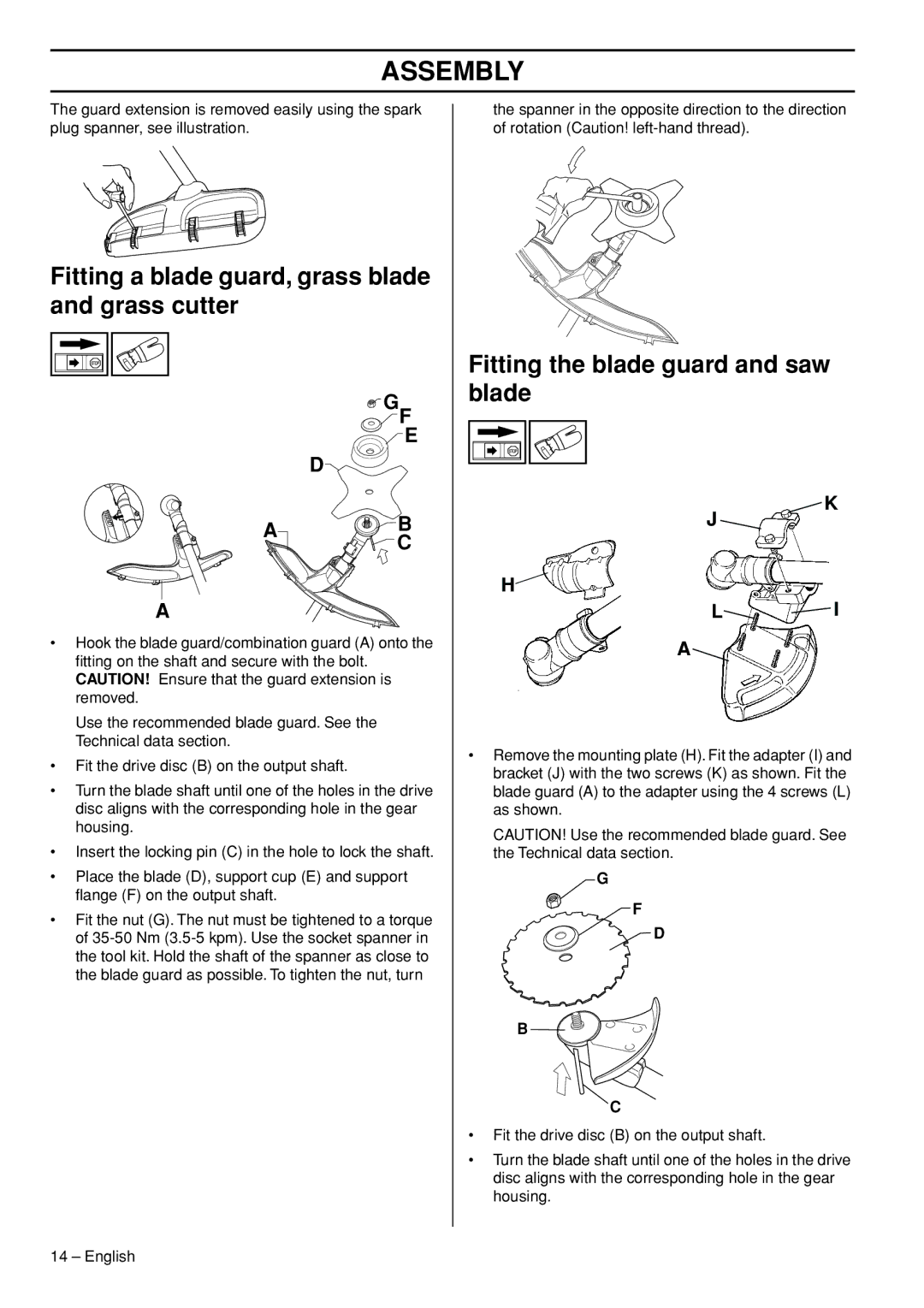 Husqvarna 535RXT manual Fitting a blade guard, grass blade and grass cutter, Fitting the blade guard and saw blade 