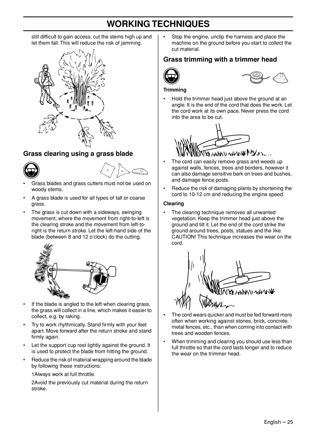 Husqvarna 535RXT manual Grass clearing using a grass blade, Grass trimming with a trimmer head, Trimming, Clearing 