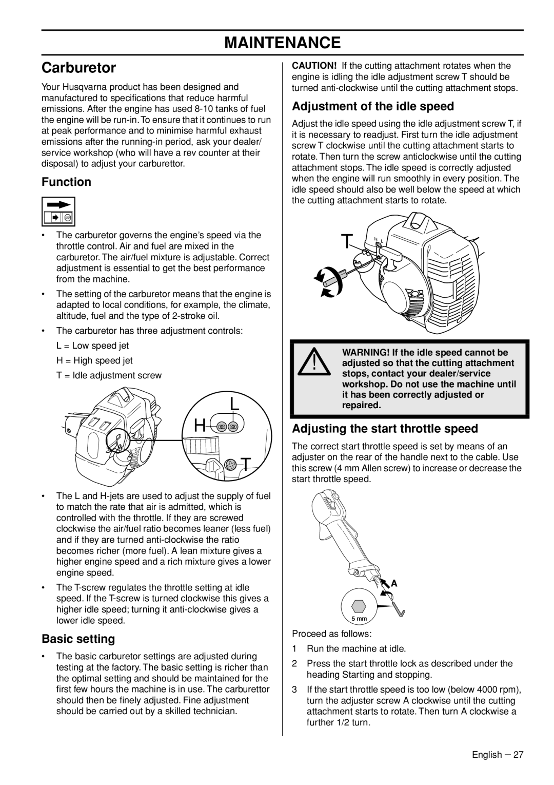 Husqvarna 535RXT manual Maintenance, Carburetor 