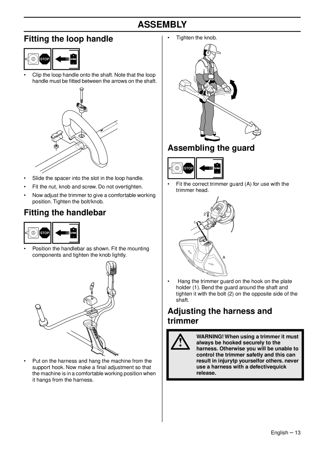 Husqvarna 536 LIL, 536 LIR manual Assembly, Fitting the loop handle, Fitting the handlebar, Assembling the guard 